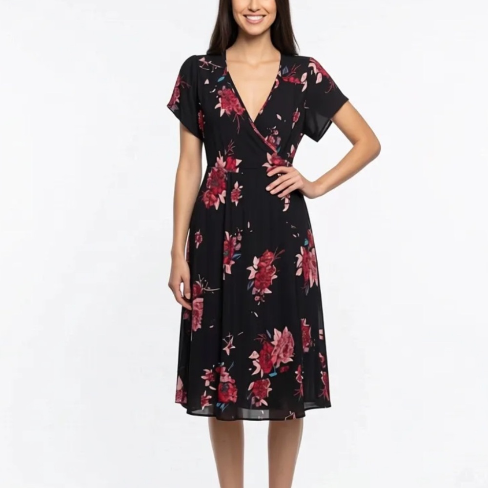 Anthropologie. Patrons of Peace Floral Faux Wrap Black Dress